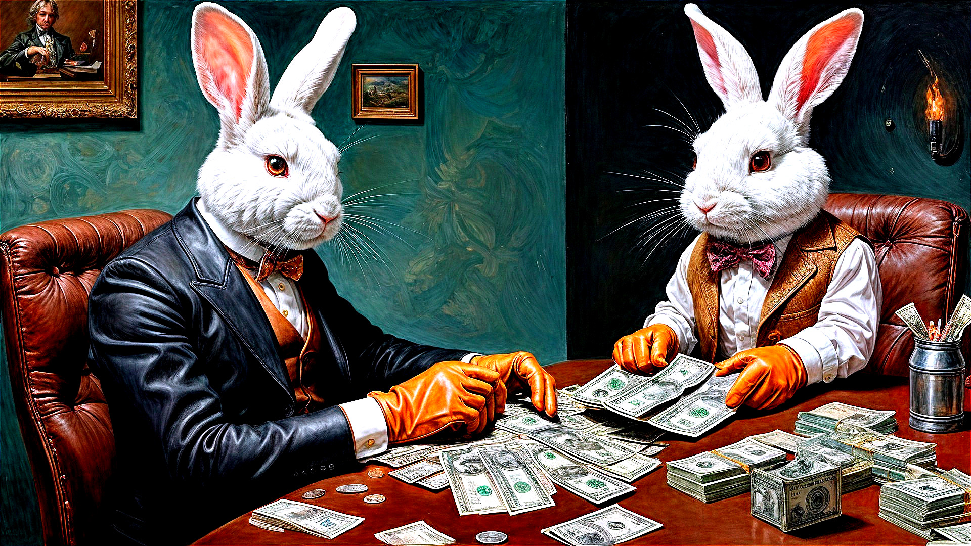 Anthropomorphic Rabbits at a Cash-Filled Table