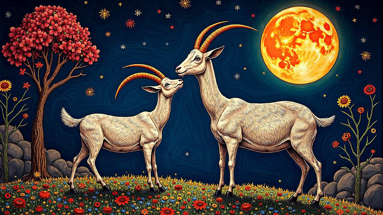 Whimsical Night Scene with Goats and Moonlit Flowers