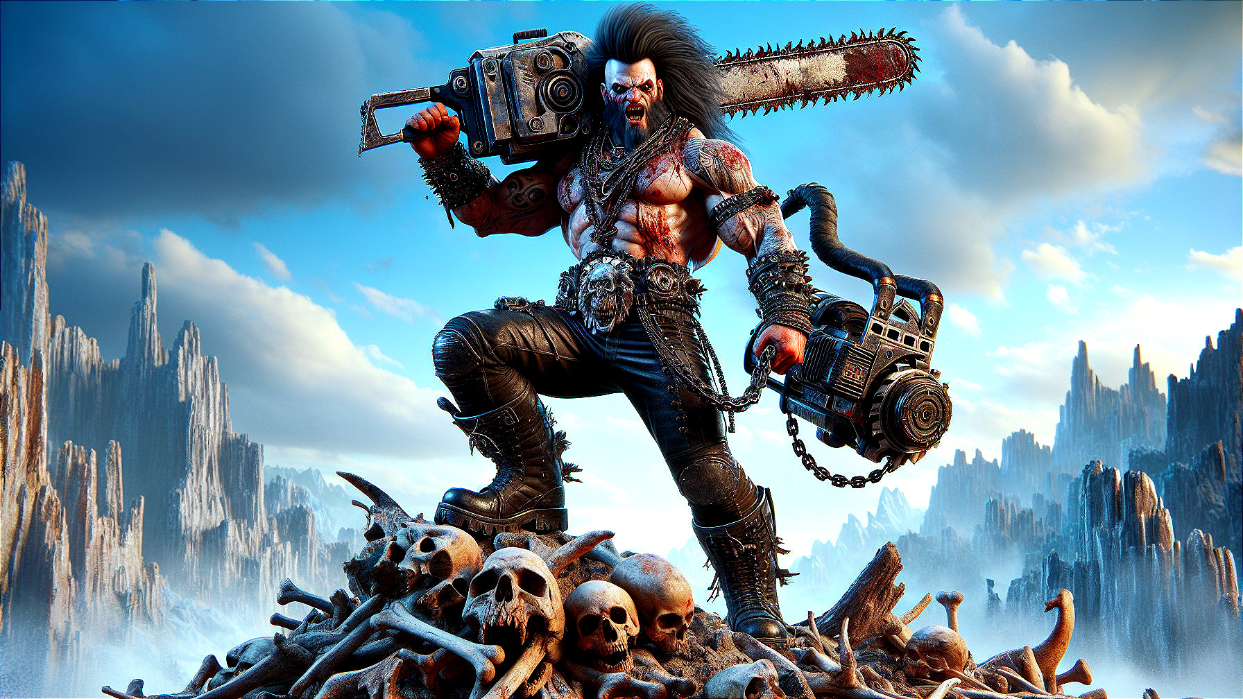Muscular Warrior on Skull Mound with Chainsaw and Weapon