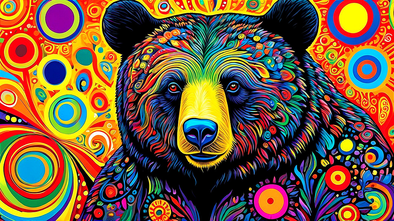 Psychedelic Bear with Colorful Patterns and Motifs