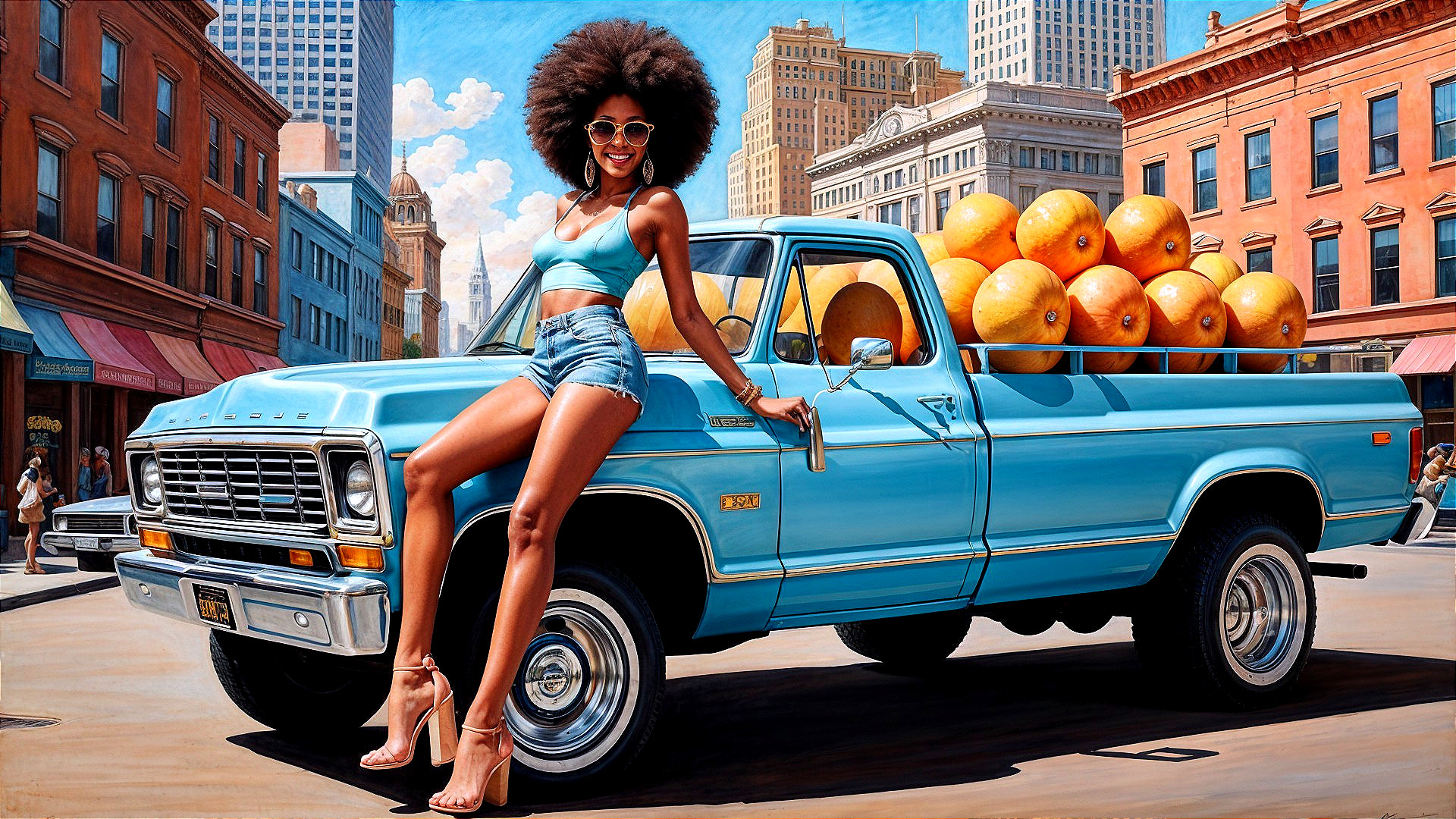 Stylish Woman with Afro by Vintage Blue Truck