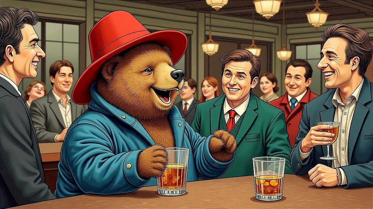 Bear in Bar with Men Creating a Joyful Atmosphere