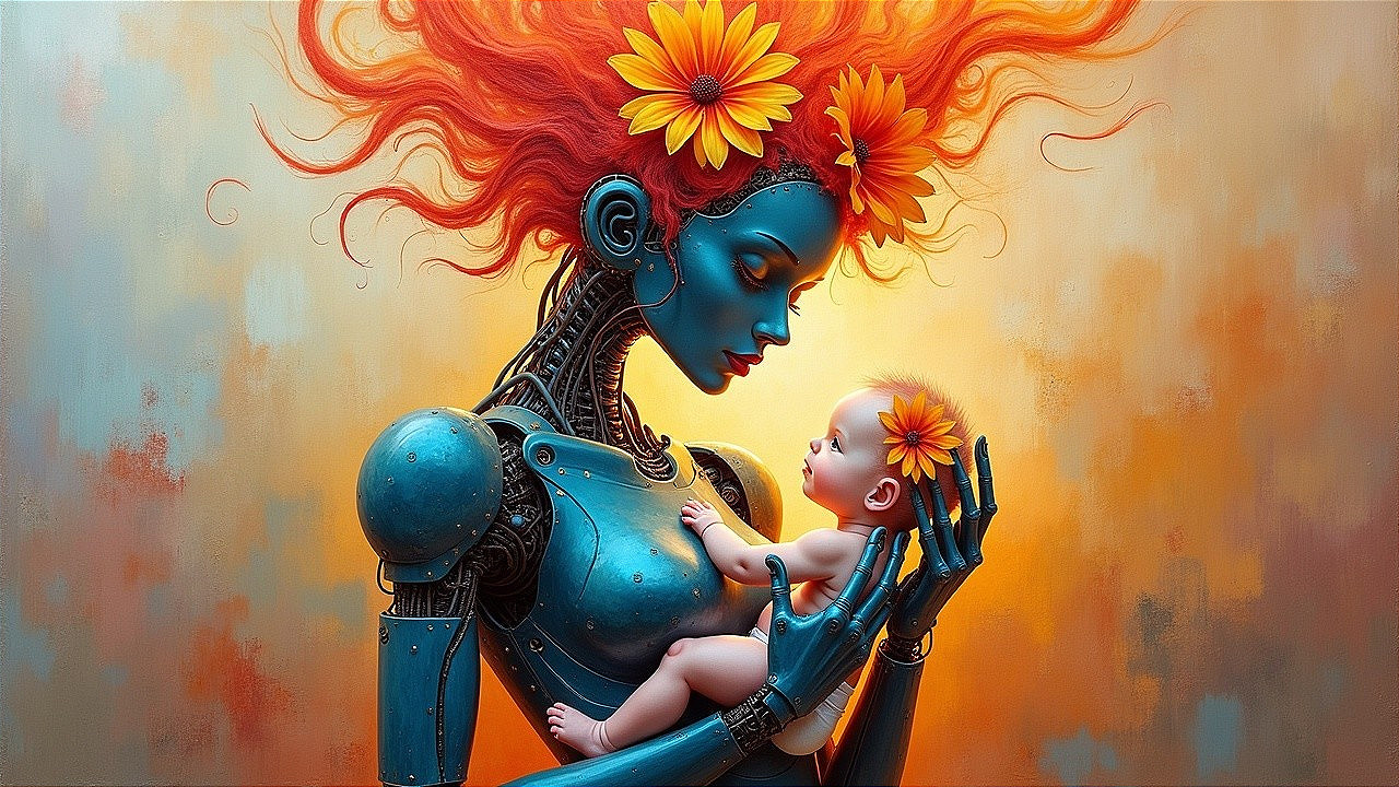 Futuristic Robot Nurtures Baby in Dreamy Setting