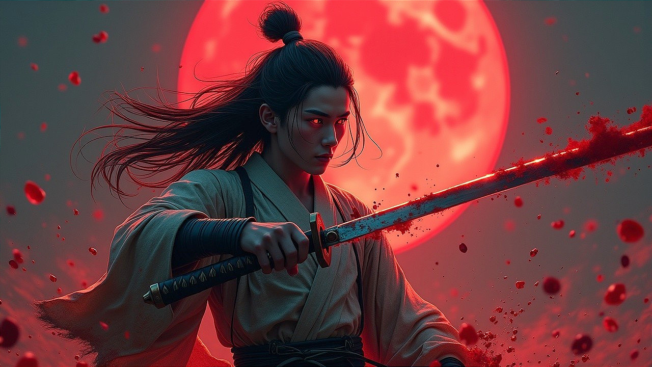 Warrior with Katana Under Glowing Red Moon