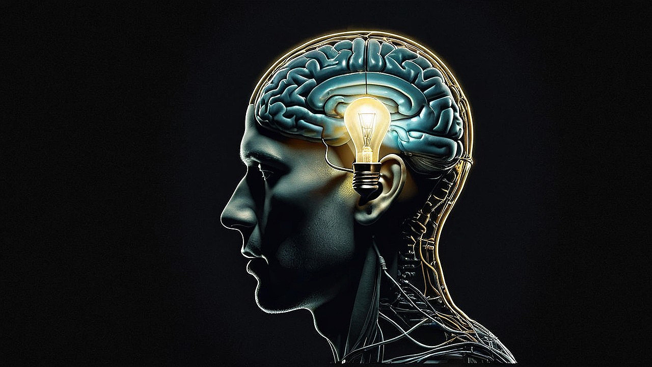 Stylized Human Head Profile with Illuminated Brain
