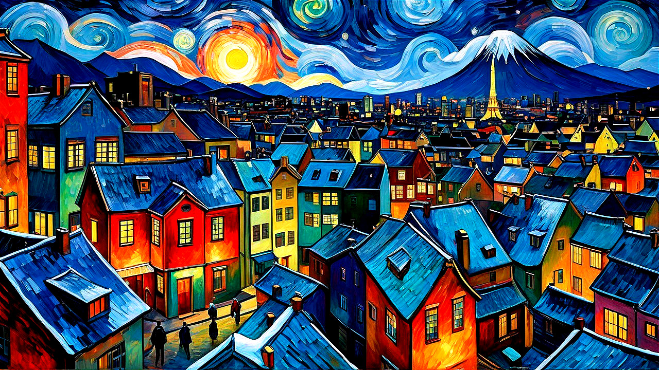Colorful Night Cityscape with Mount Fuji and Eiffel Tower