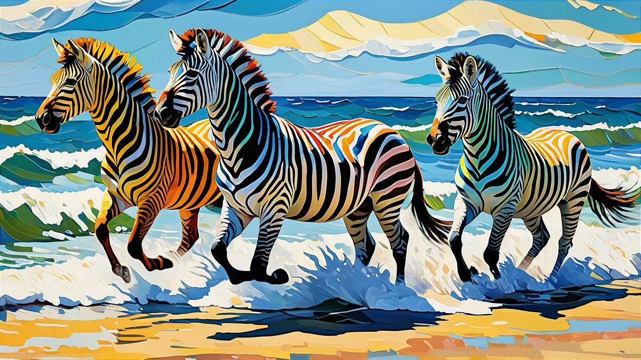 Vibrant Zebras Galloping on a Sandy Beach Scene