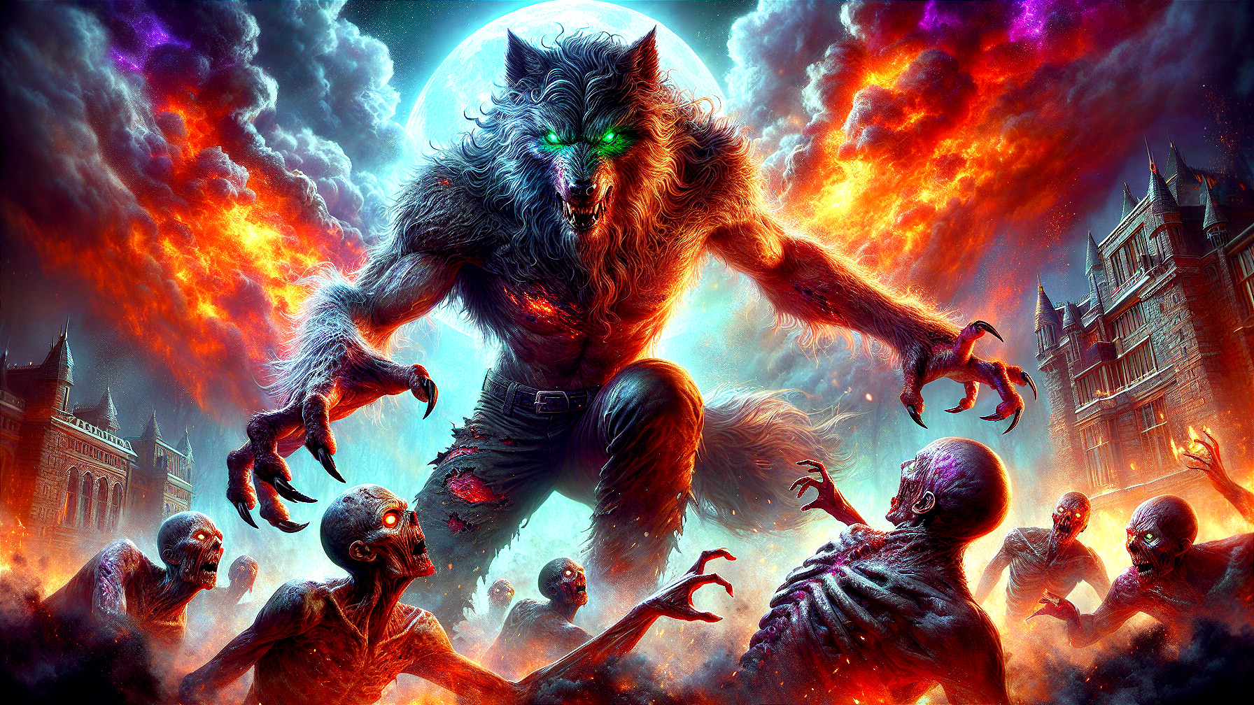 Monstrous werewolf and zombies in a nightmarish scene