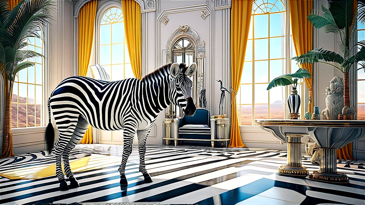 Zebra in an Elegant Room with Striped Floor and Decor