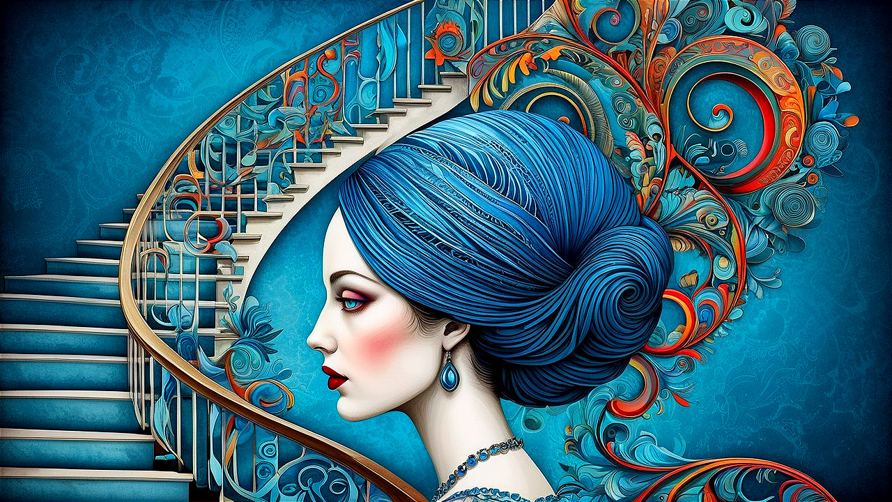 Stylized profile of a woman with blue hair and flowers