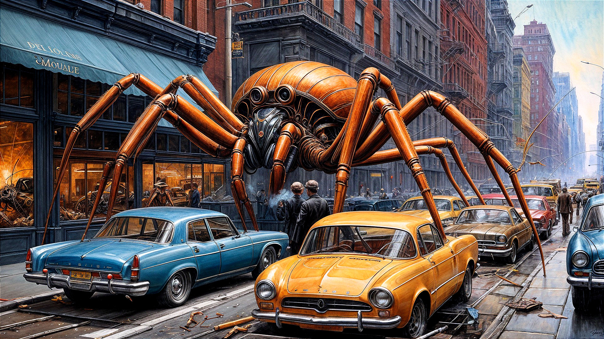 Giant Mechanical Spider Over City Street Scene