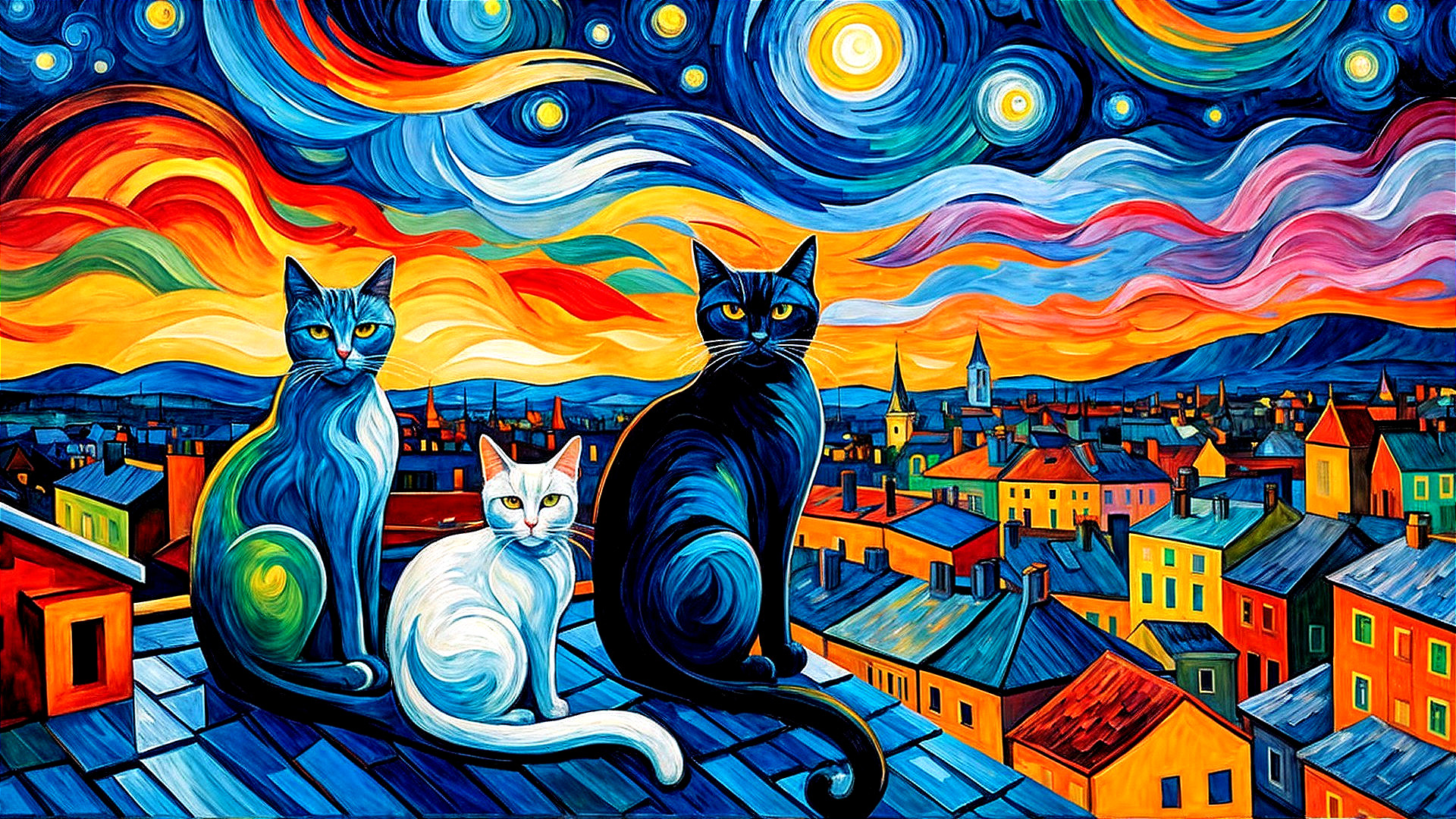 Stylized cats on a rooftop under a vibrant night sky