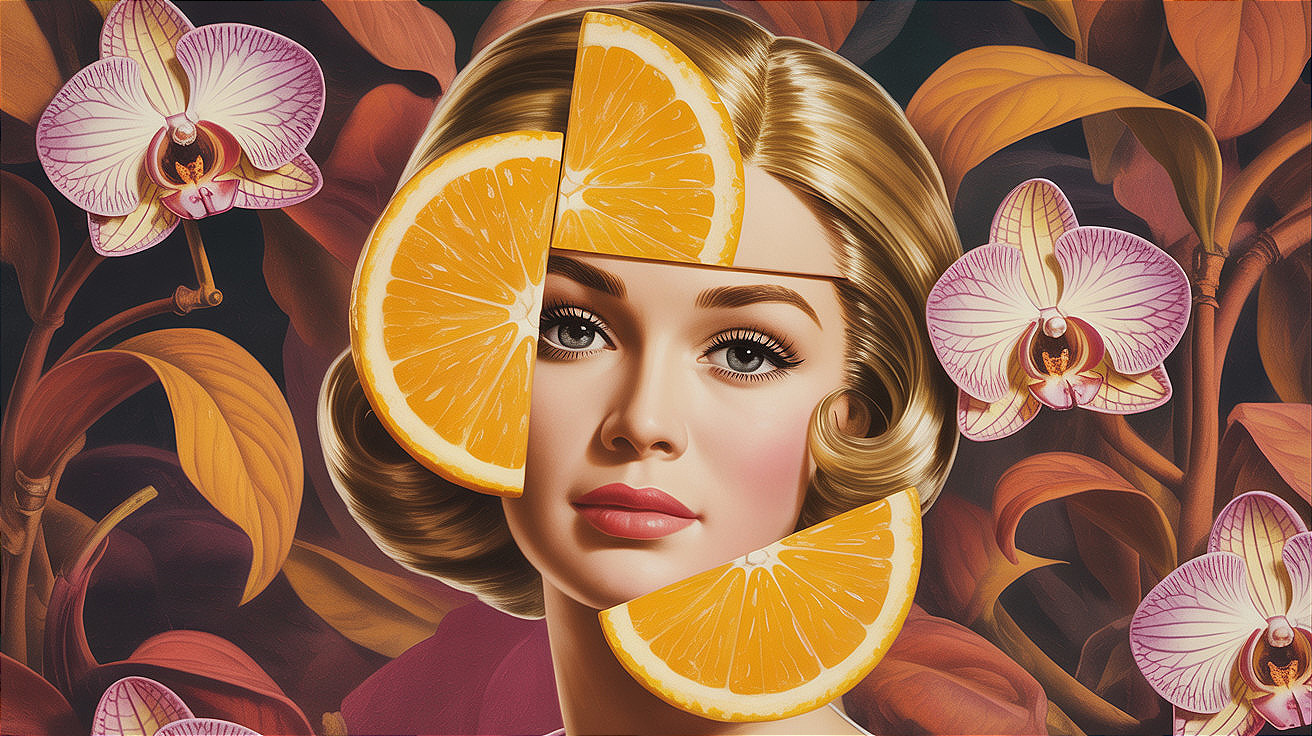Stylized portrait of a woman with orange slices and florals