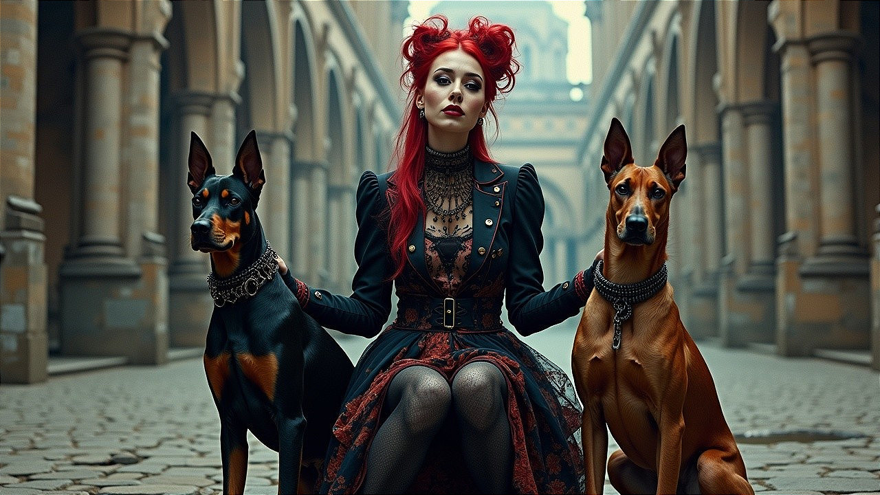Gothic Scene with Woman and Doberman Dogs