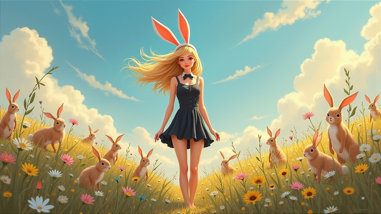 Young girl in black dress with rabbit ears in meadow