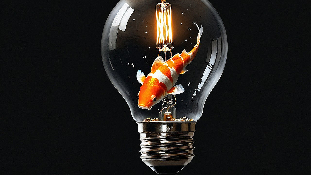 Transparent Light Bulb with Koi Fish in Dark Background