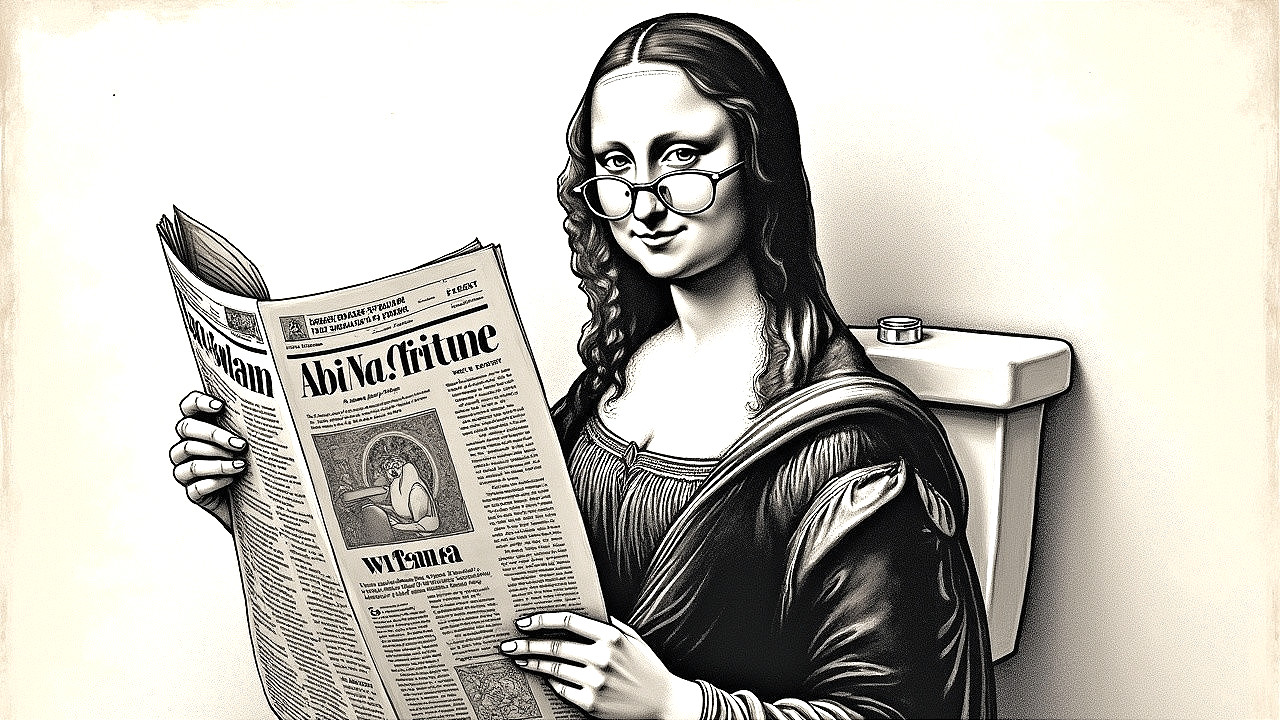 Mona Lisa Reimagined in Modern Toilet Scene