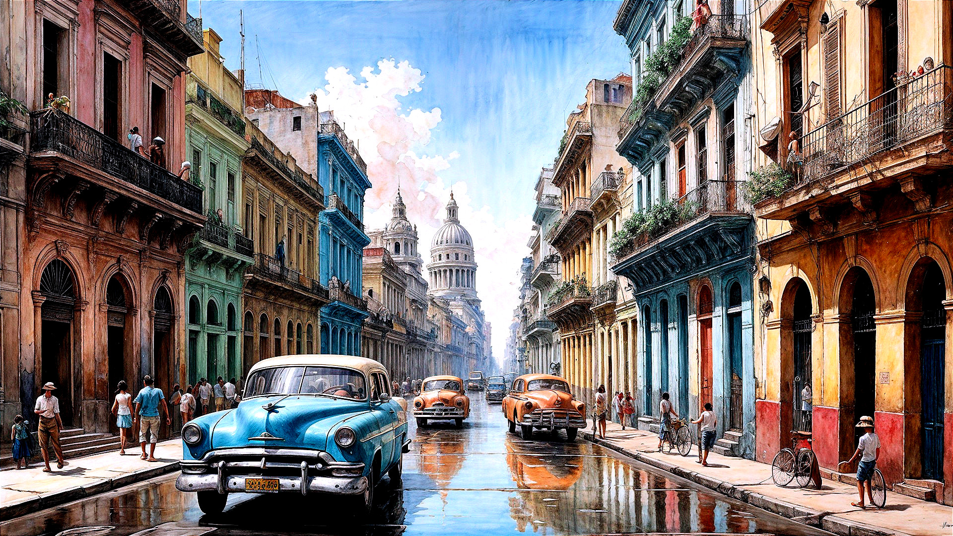 Vibrant Havana street scene with vintage cars and buildings