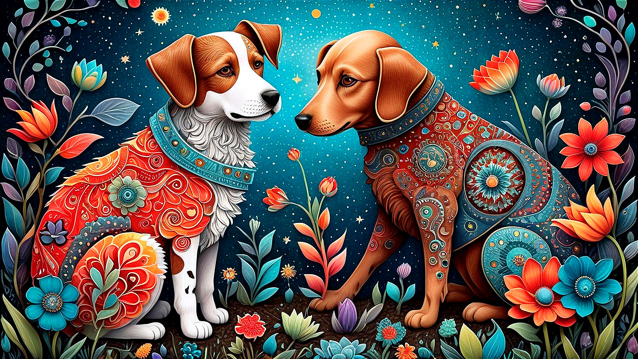 Stylized dogs in vibrant patterns in a starry garden