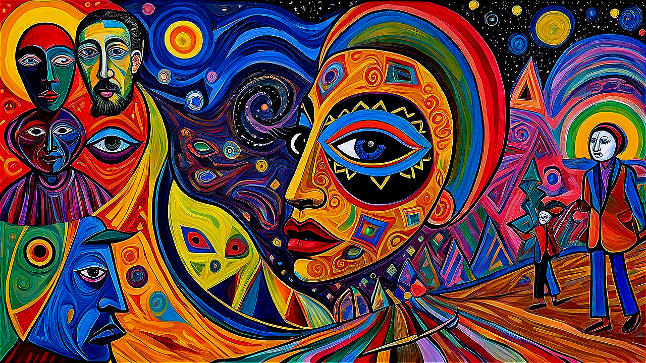 Vibrant Abstract Painting in Mosaic Style with Faces