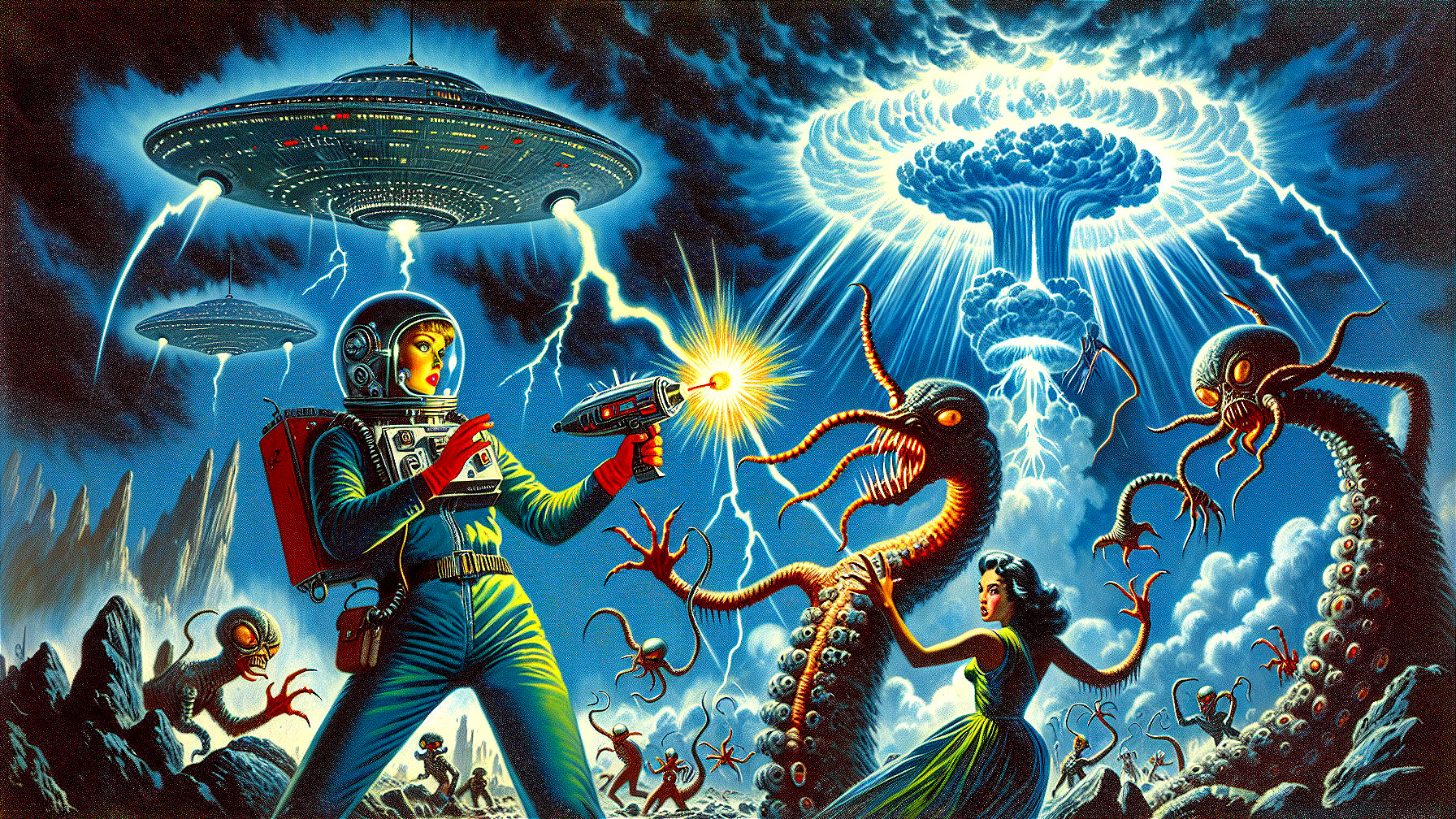 Sci-fi scene with space explorer and tentacled aliens