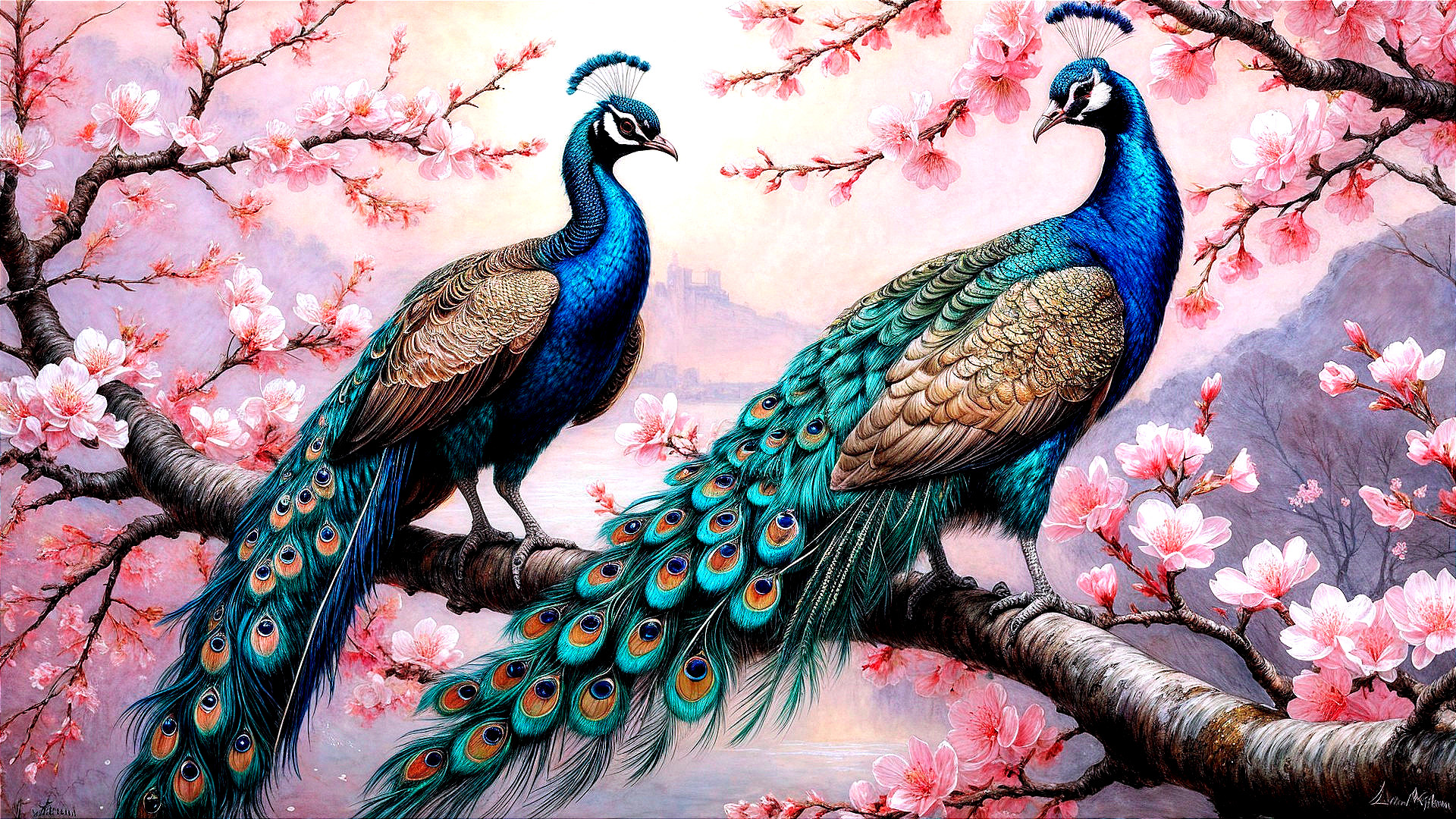 Peacocks on Branch with Pink Blossoms and Pastel Sky
