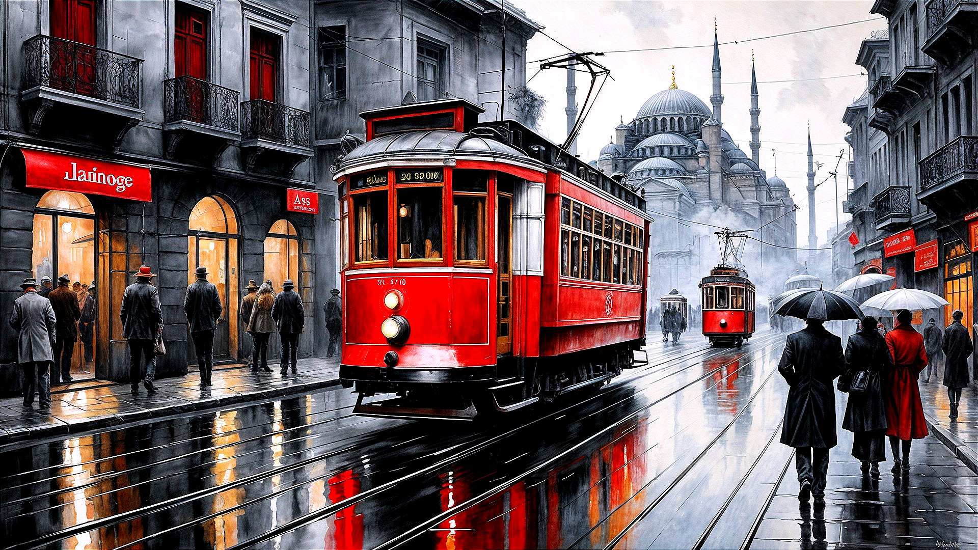 City street with red trams and vintage attire shoppers