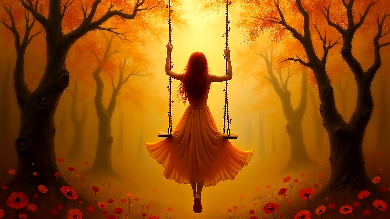 Young Woman in Yellow Dress in Enchanted Forest