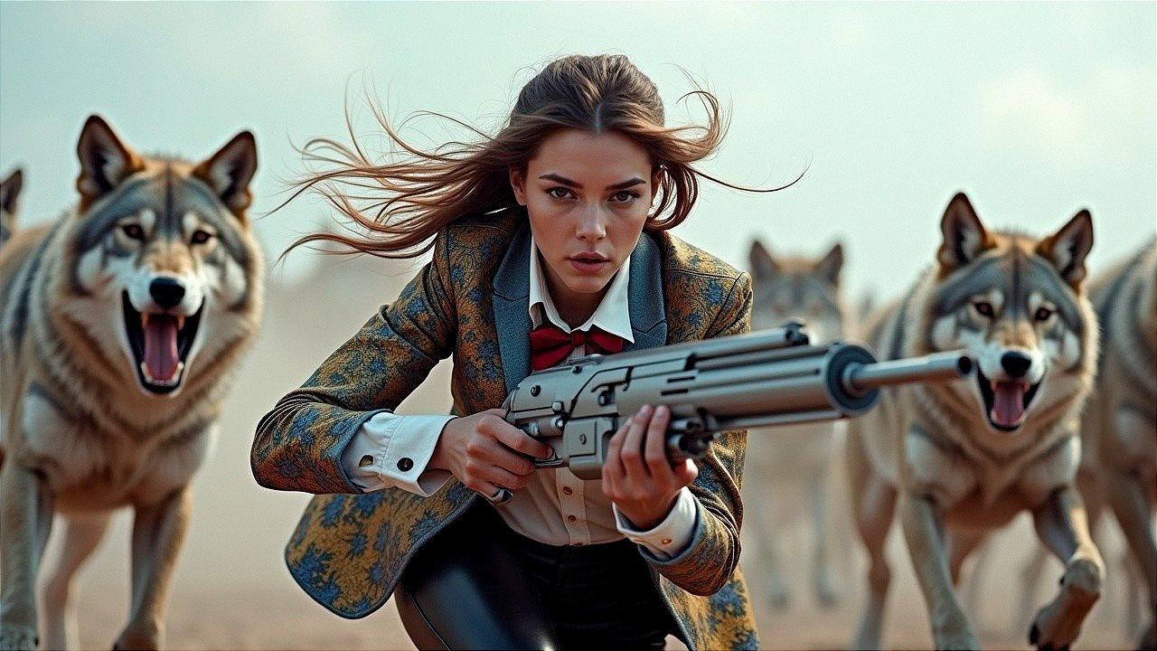 Fierce Woman in Suit Aiming at Charging Wolves