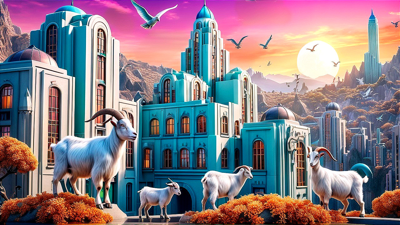 Surreal Landscape with Whimsical Buildings and Goats