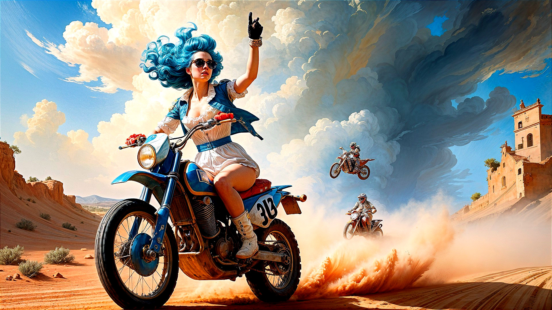 Woman with Blue Hair Riding Motorcycle in Sandy Landscape