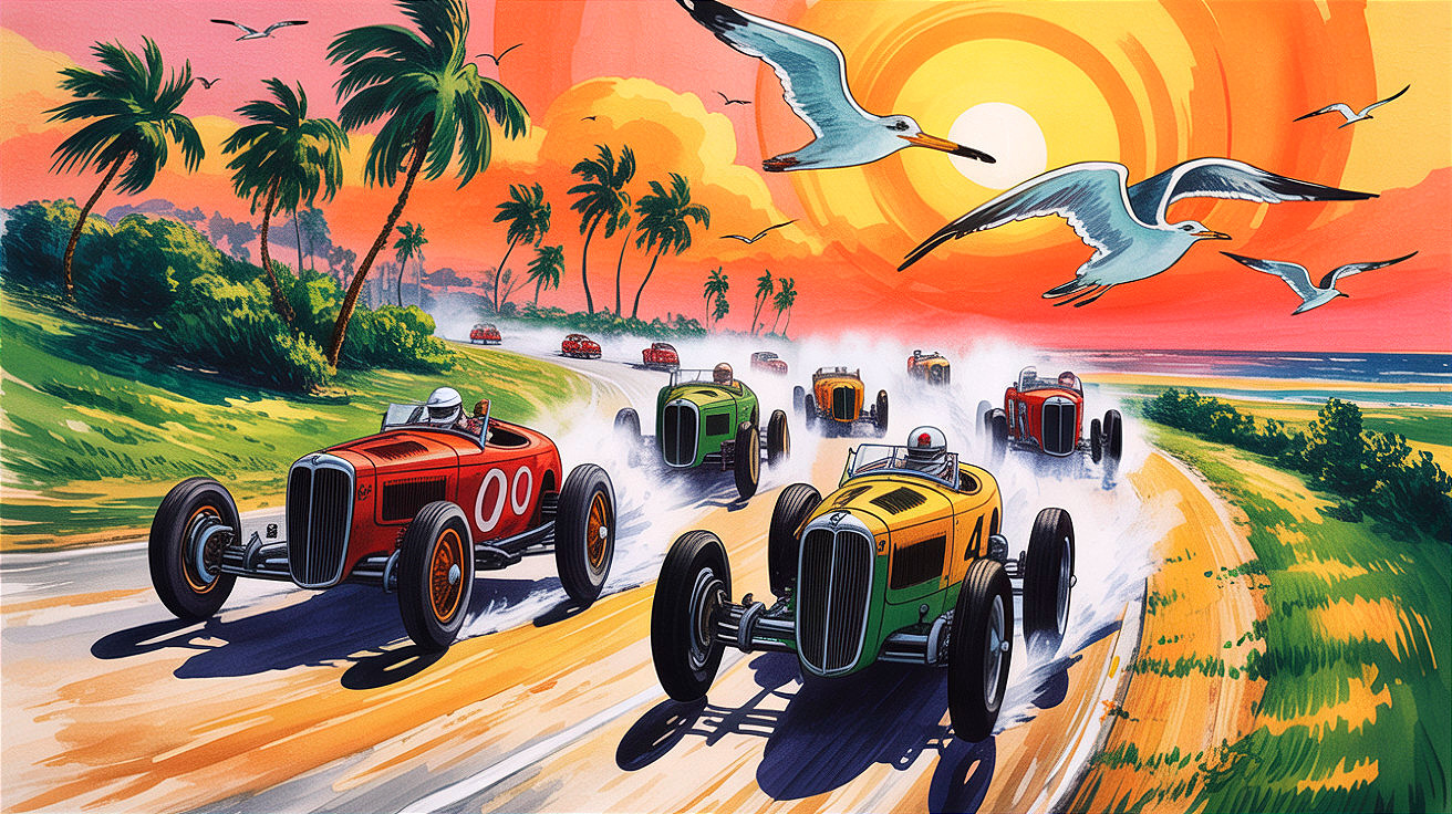 Vintage Car Race at Sunset on Coastal Road