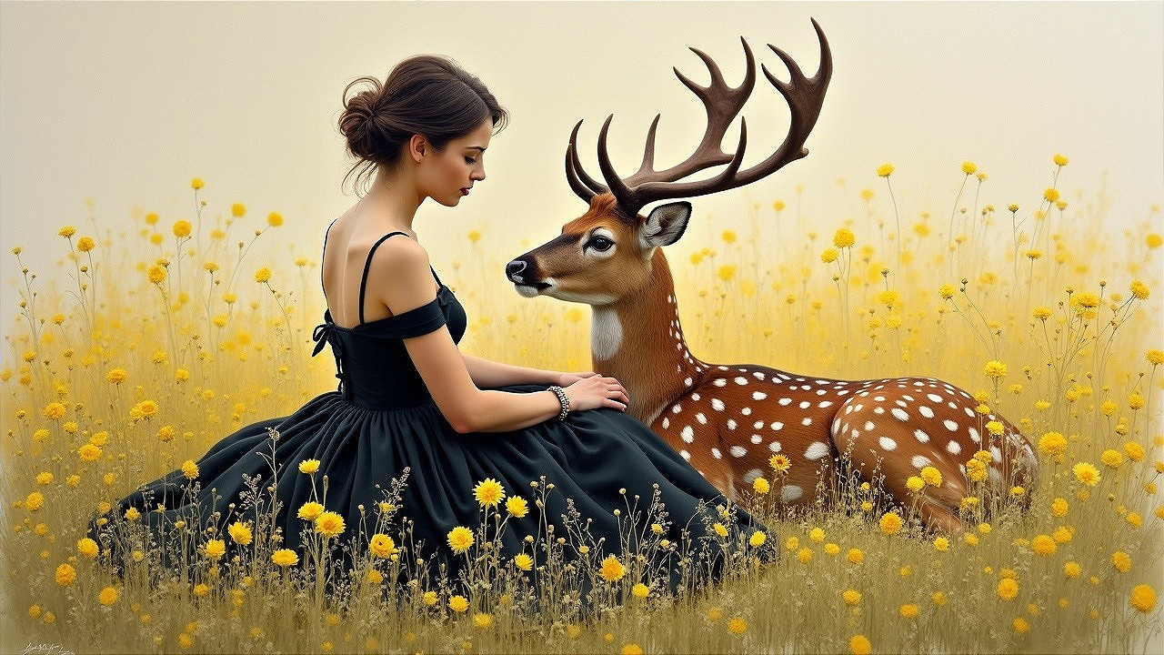 Young Woman in Black Gown with Deer in Flower Field