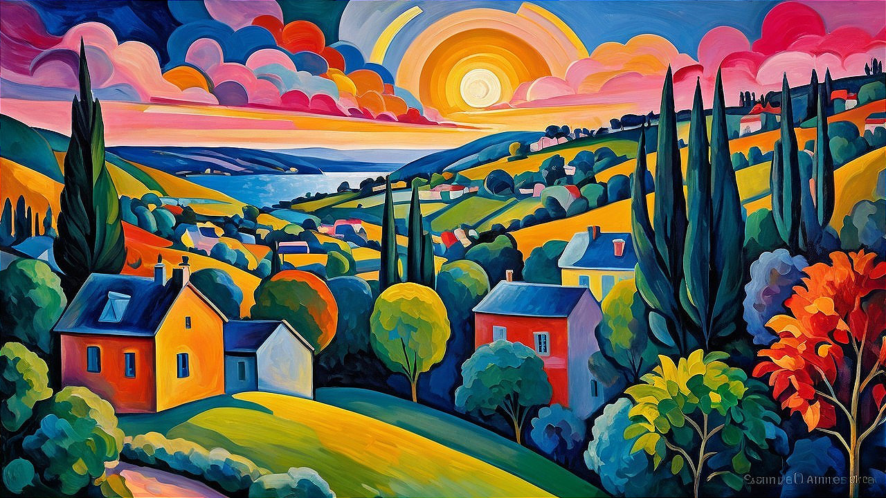 Vibrant landscape with hills, lake, and colorful homes