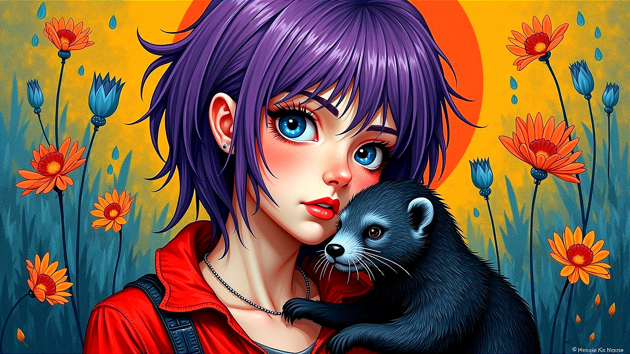 Young girl with purple hair and ferret in vibrant scene