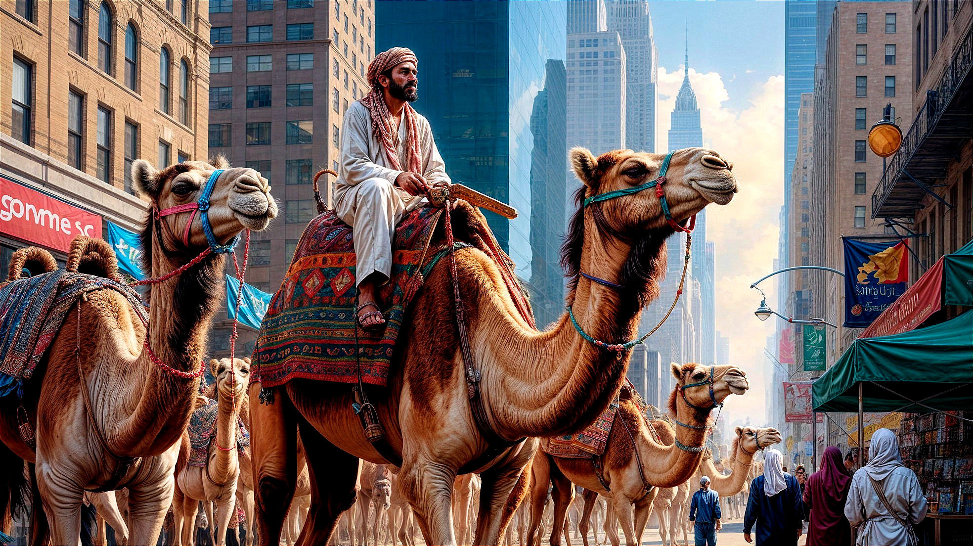 Camel Caravan in Cityscape with Skyscrapers