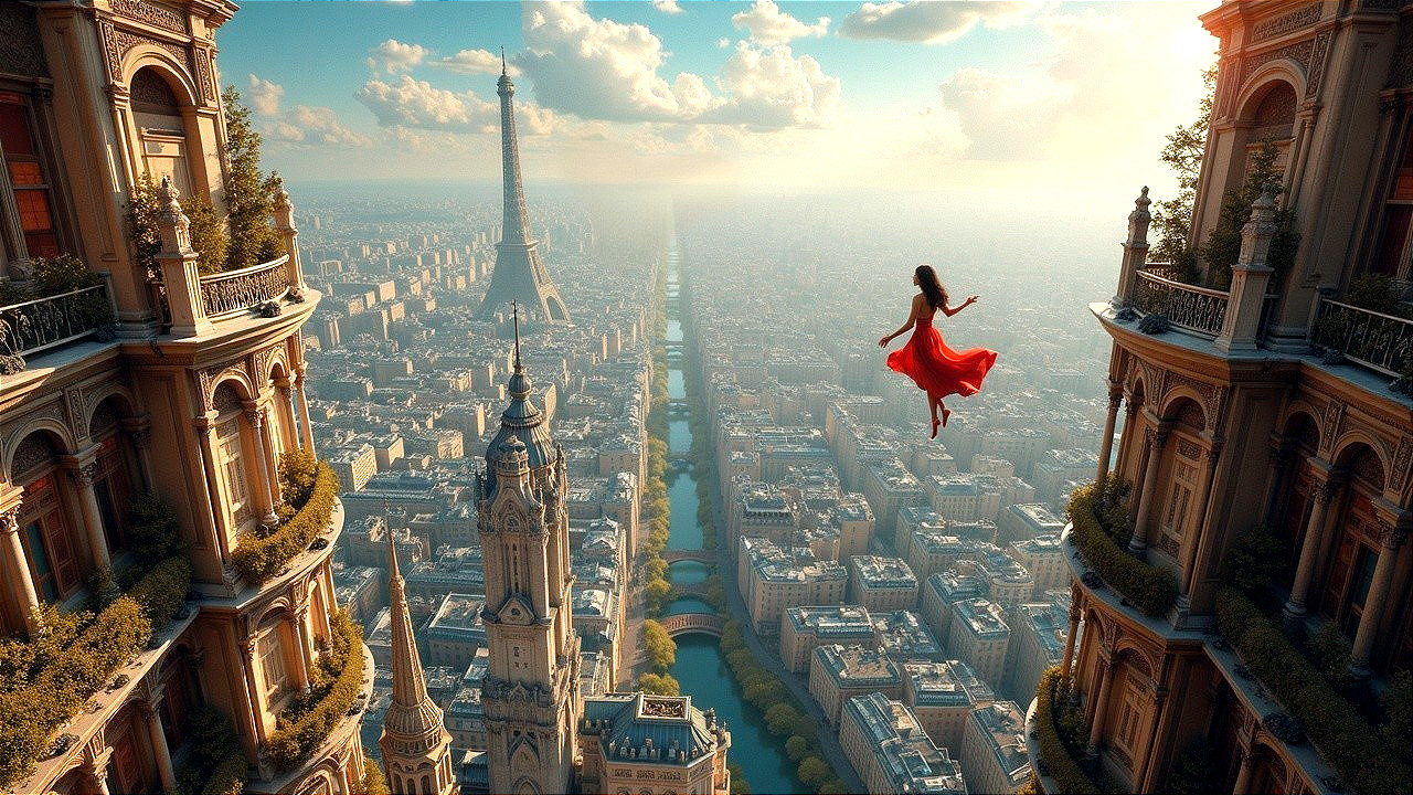 Woman in Red Dress Amidst Cityscape and Eiffel Tower