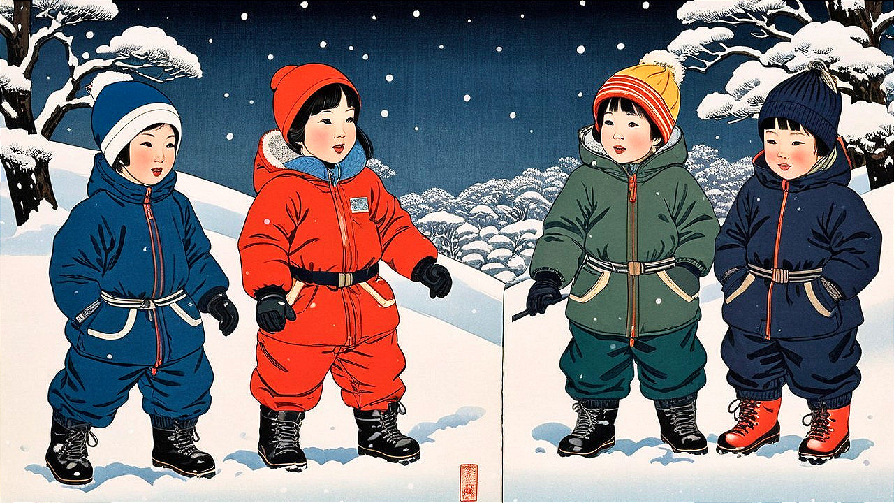 Cheerful Children in Colorful Winter Snowsuits Outdoors