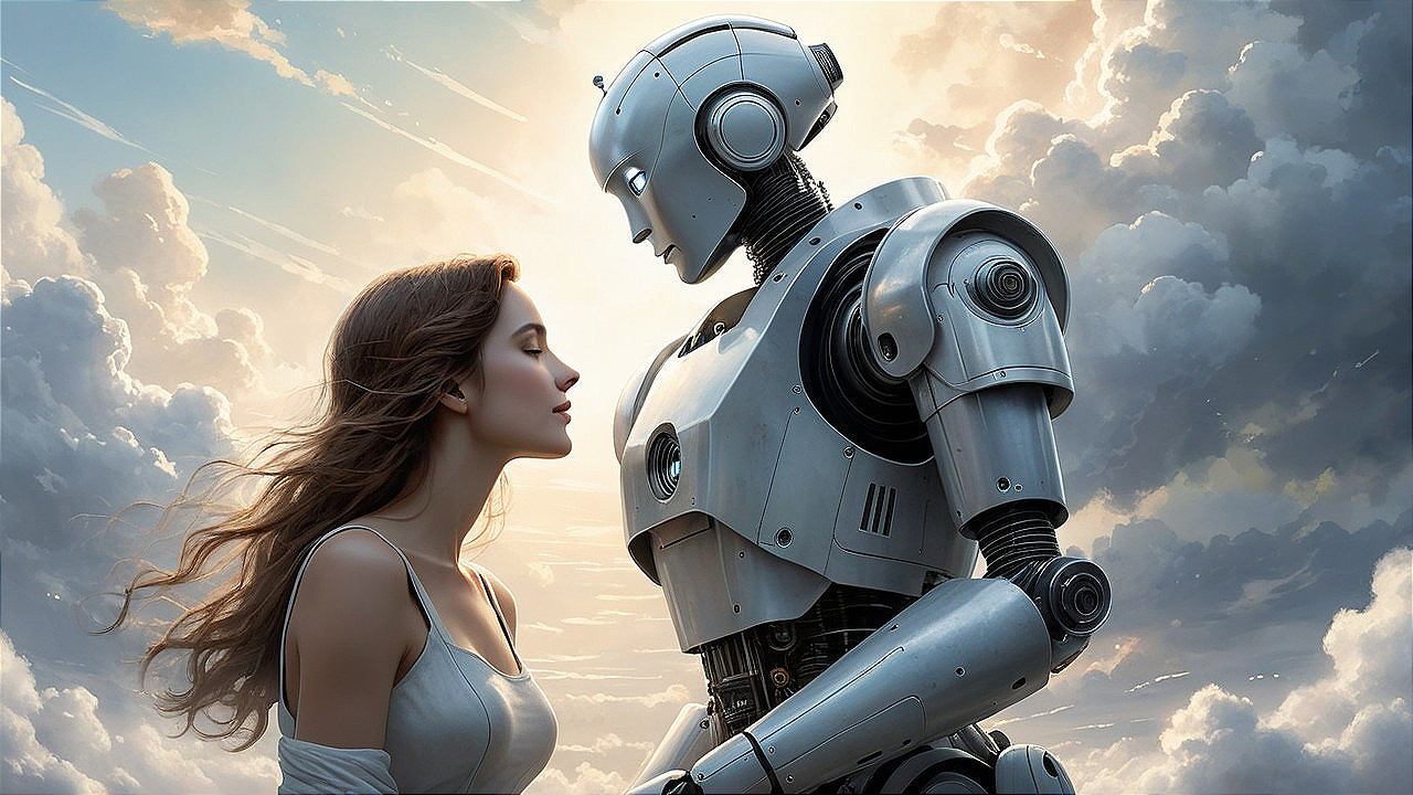 Surreal Scene of Woman and Humanoid Robot Connection