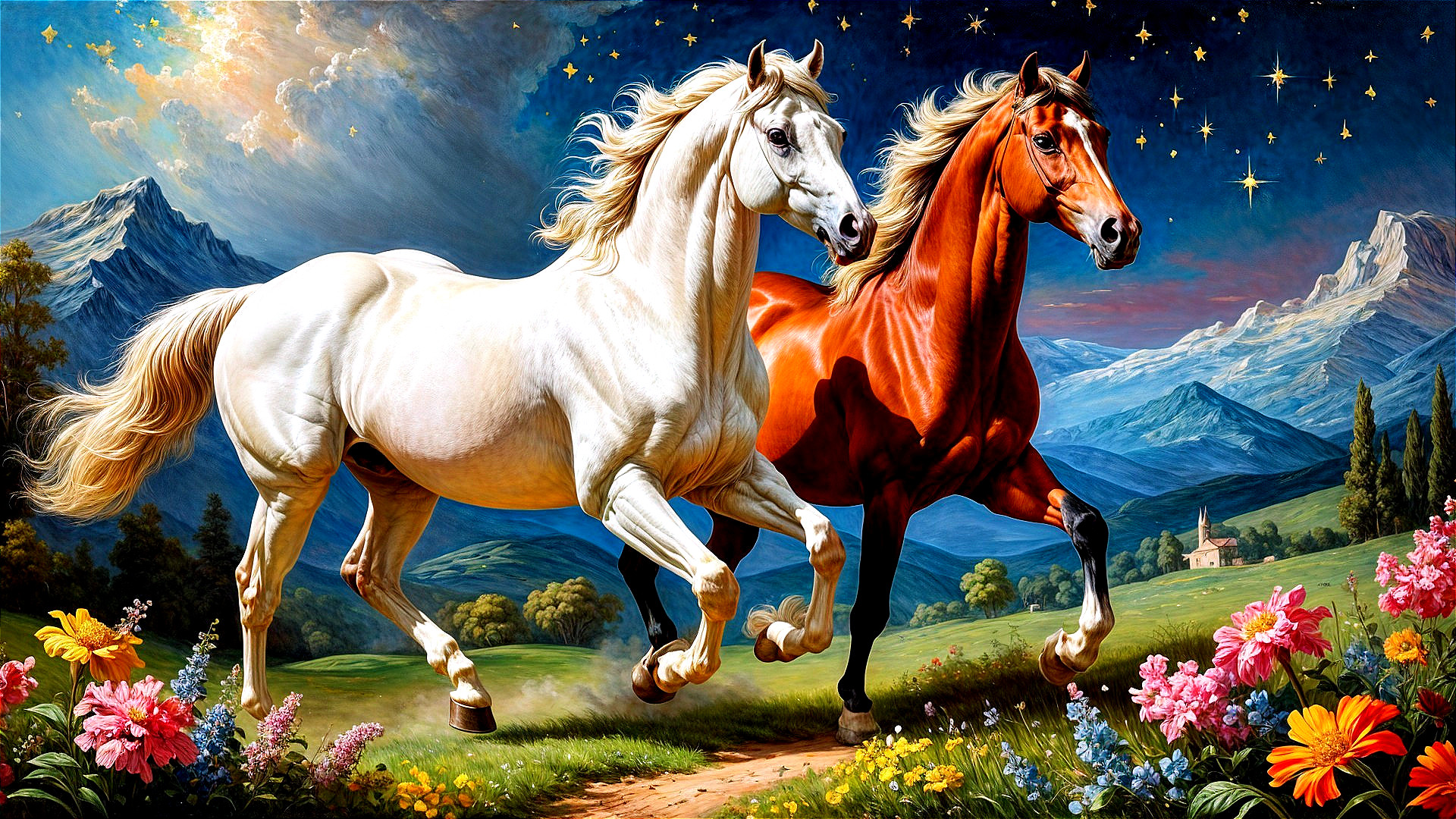 Horses Galloping in a Colorful Meadow Landscape