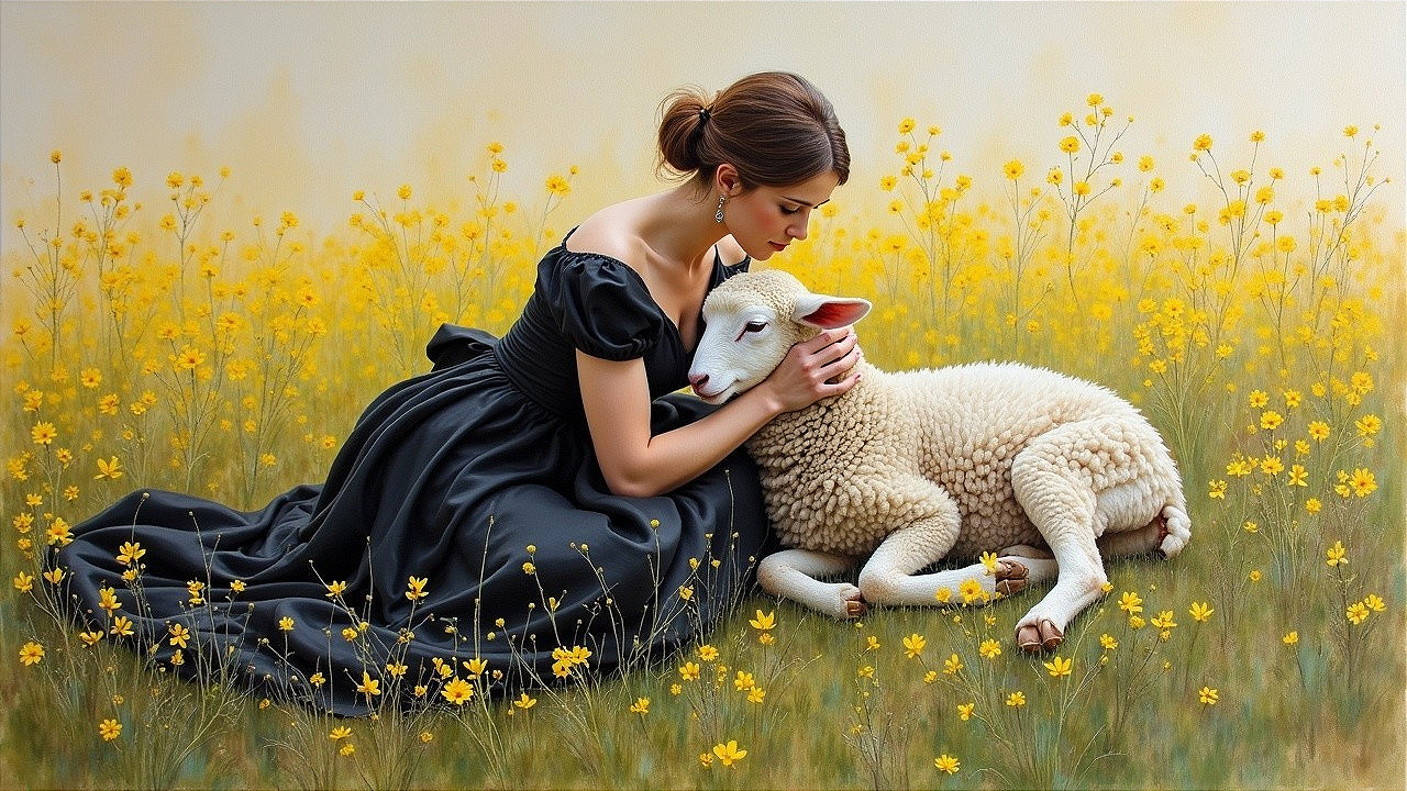 Serene field with yellow flowers and woman with lamb