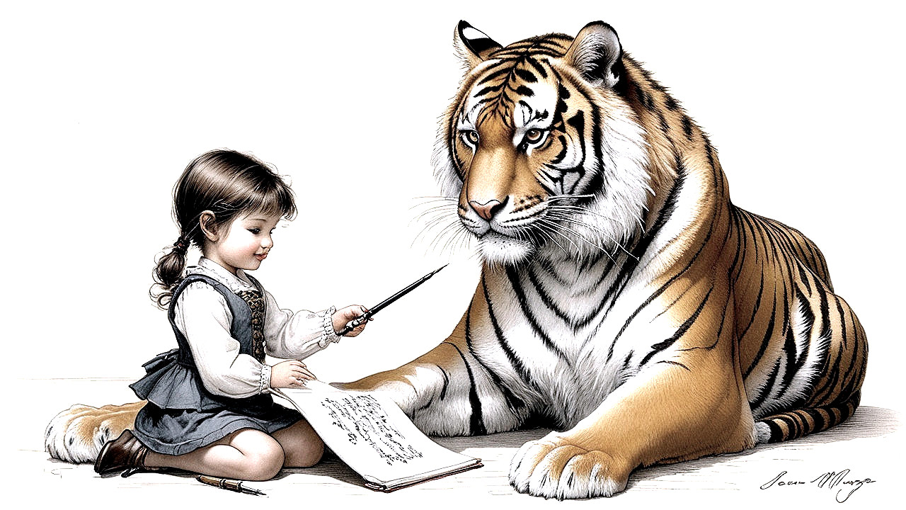 Young girl writing beside a calm tiger on the floor