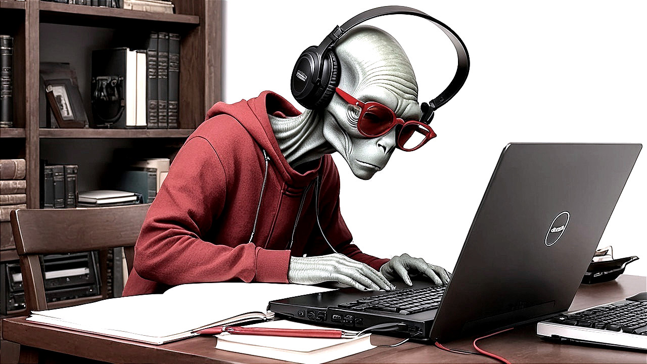 Alien Figure in Hoodie Using Laptop at Wooden Desk