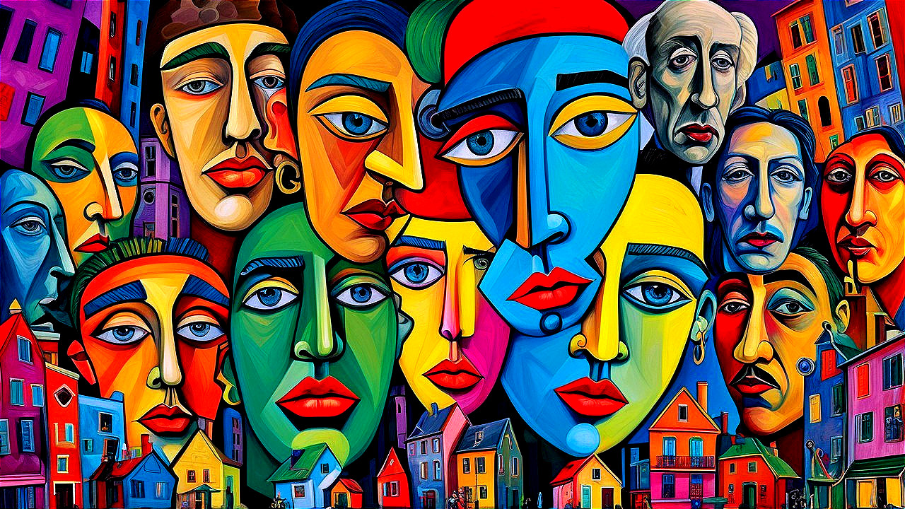 Vibrant Abstract Artwork with Colorful Faces and Houses