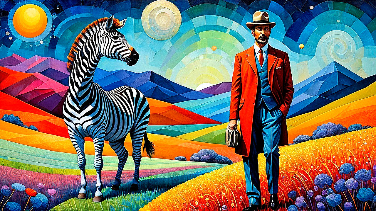 Surreal Landscape with Man and Magical Zebra
