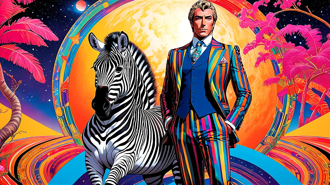 Surreal Scene with Man in Striped Suit and Zebra