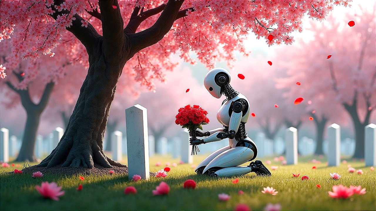 Humanoid Robot Kneeling by Gravestone with Roses
