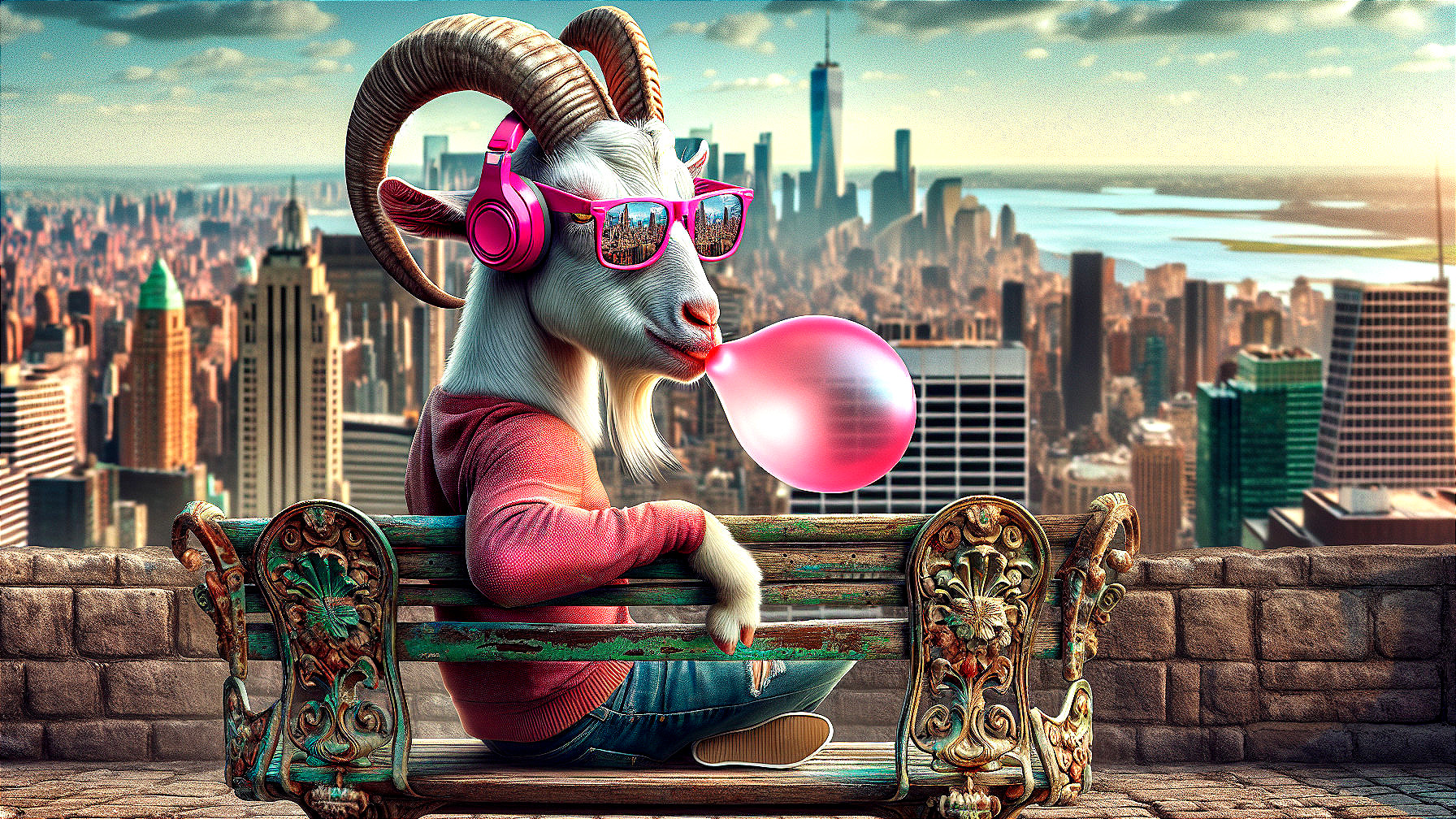 Goat in Sunglasses on Bench with City Skyline Background