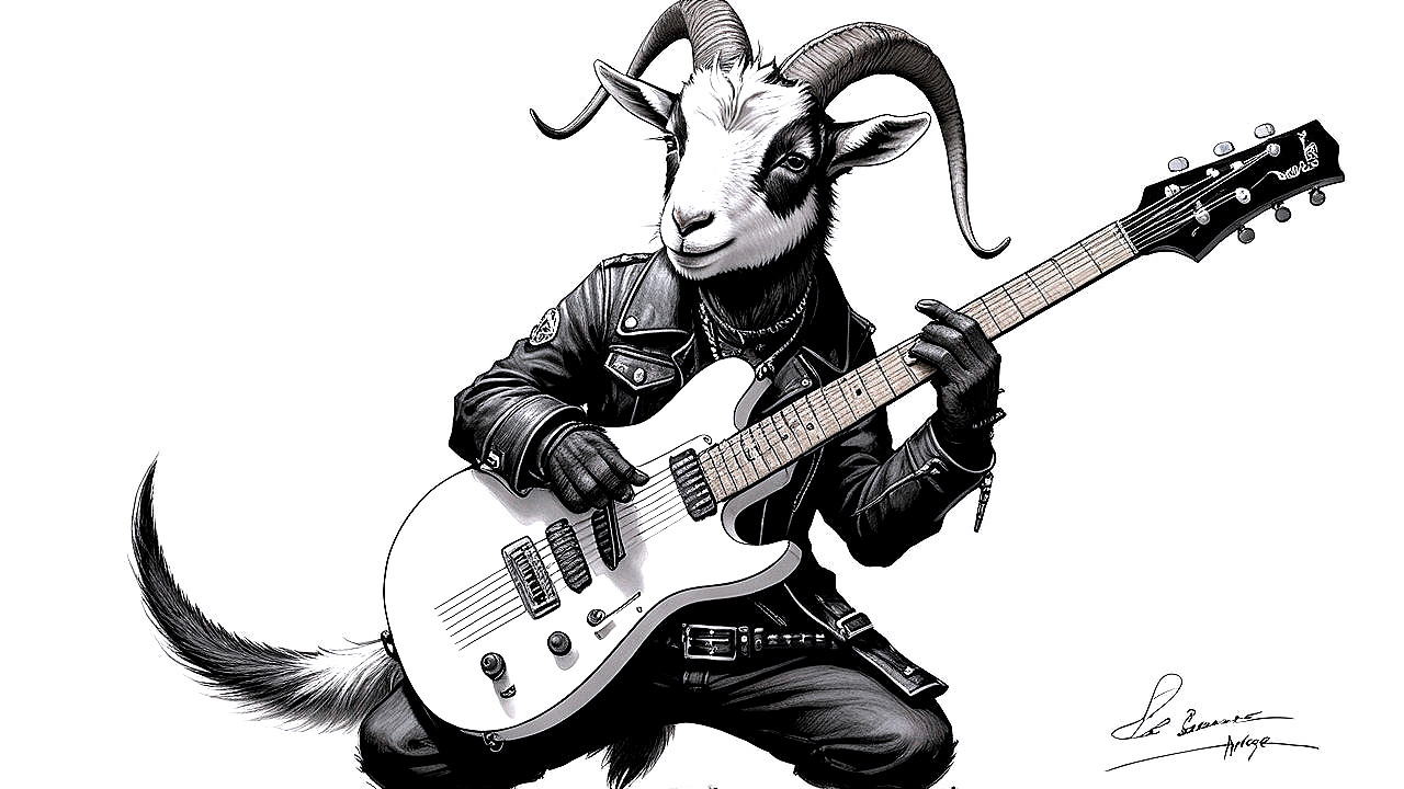 Stylized anthropomorphic goat playing electric guitar