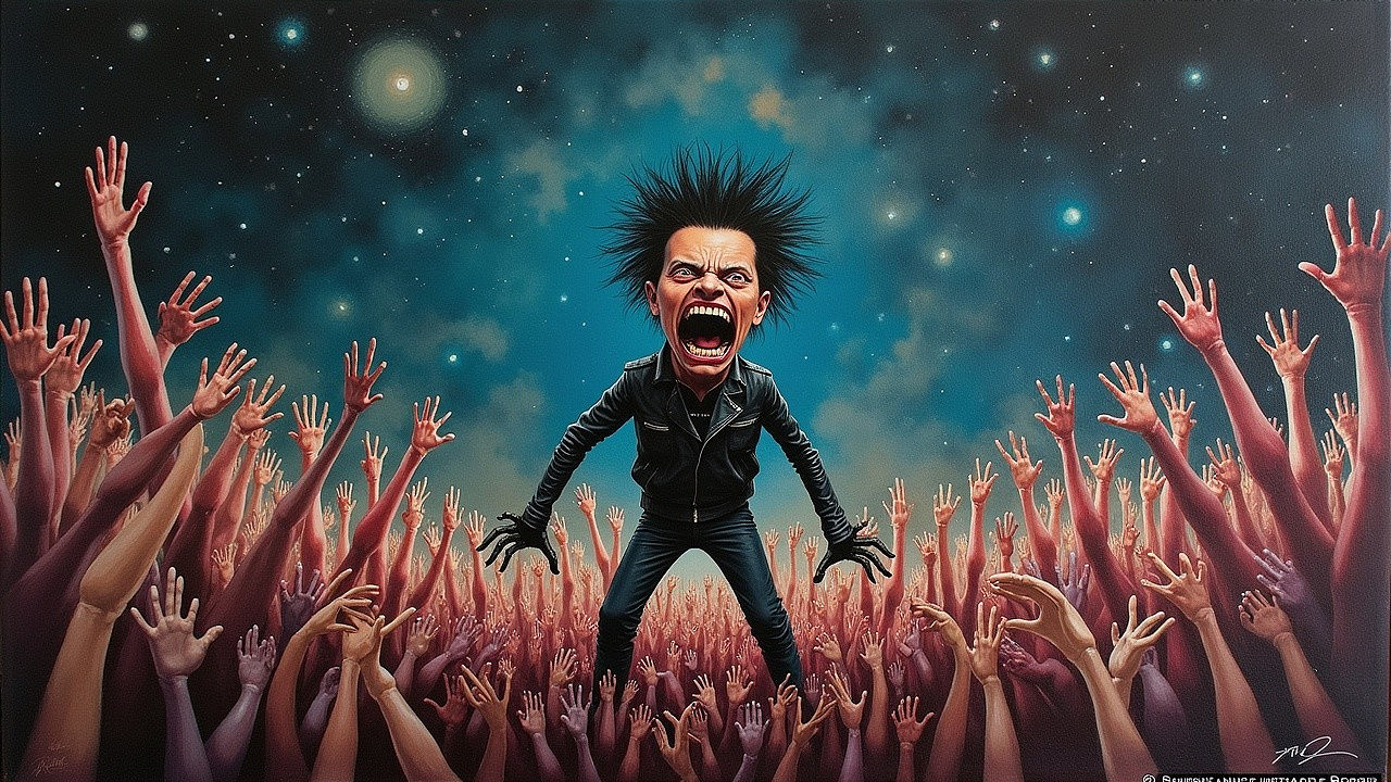 Dramatic Scene of a Figure Above an Enthusiastic Crowd